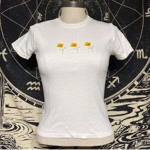 Brandy Melville White Short Sleeve Tee with poppy floral embroidery
